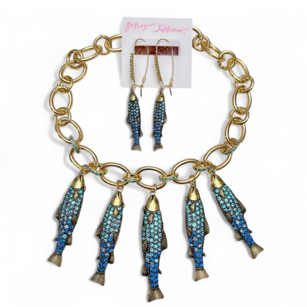 Betsey Johnson Mermaid Jewels Rhinestone Sardine Fish Necklace & Earrings Set